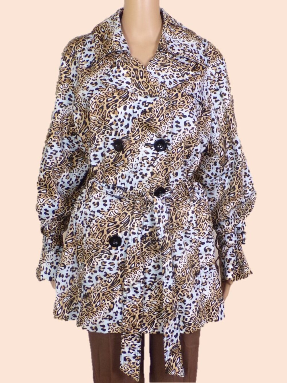 OUTERWEAR BY LISA size L Jrs brown/fawn/blue leopard-spotted trench coat